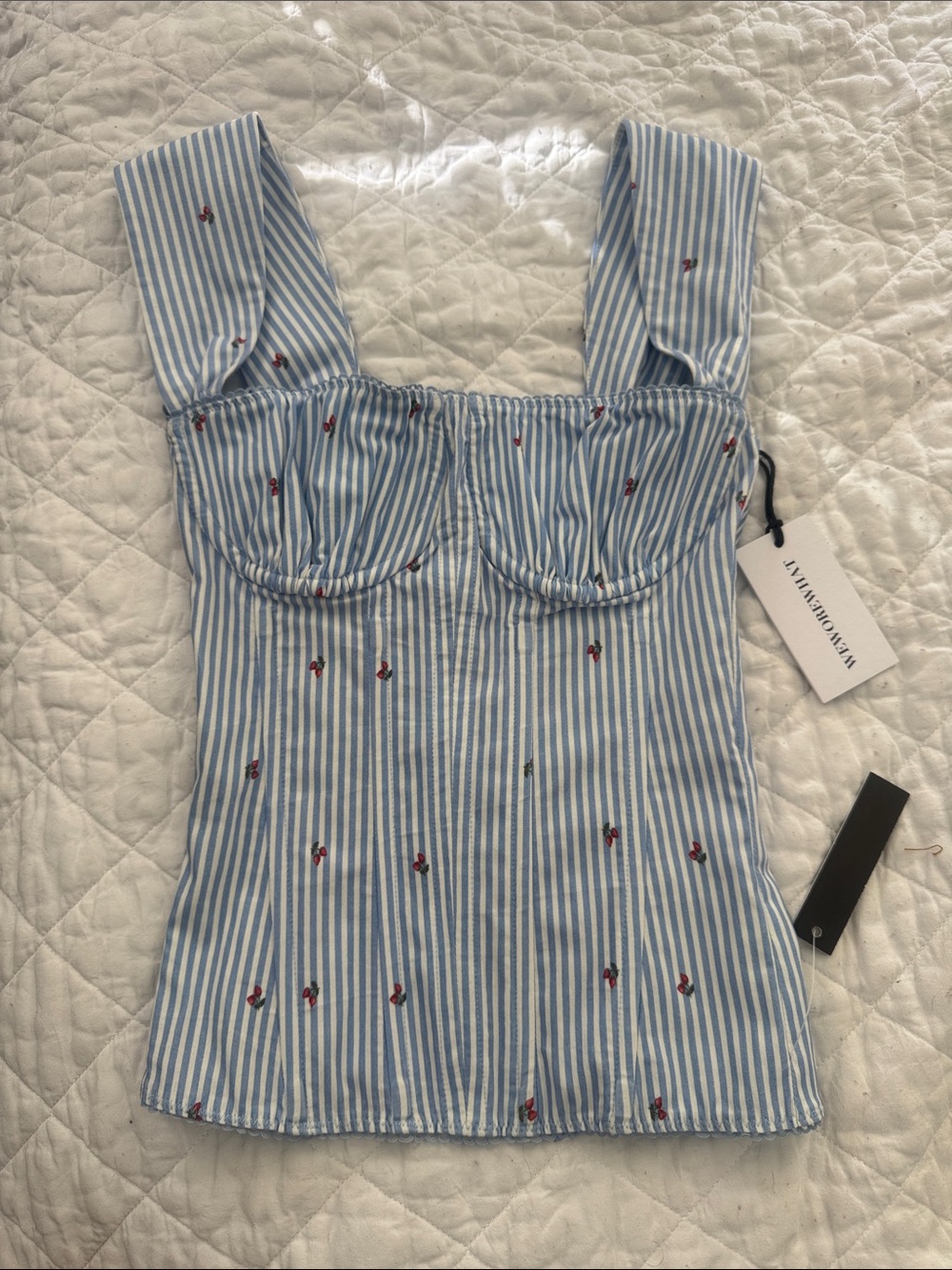 WeWoreWhat Blue & White Striped Embroidered Bustier Camisole